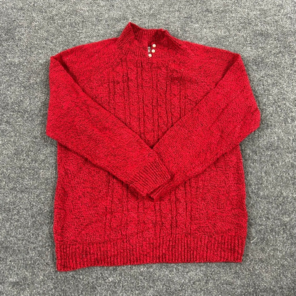 Rebecca Malone Sweater Womens Size PM Red Cable Knit Mock Neck Pearl Button Top